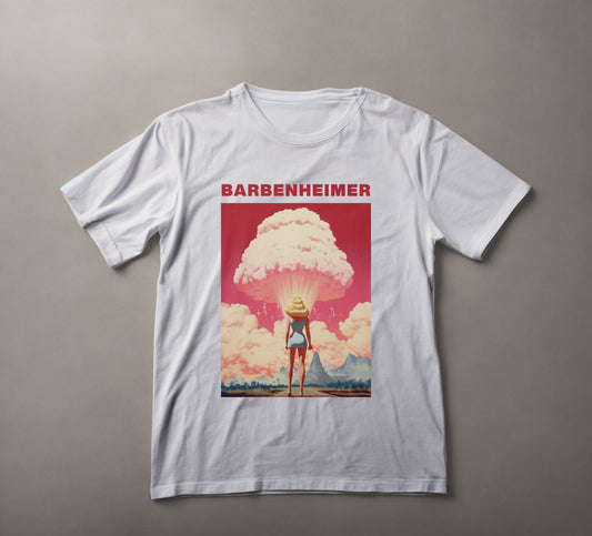 barbenheimer, barbie, oppenheimer, vintage t-shirt, retro sunset shirt, adventure graphic tee, nuclear explosion design, indie fashion, conversation starter t-shirt, bold statement tee, cheeky humor clothing, edgy apparel, unique print shirts