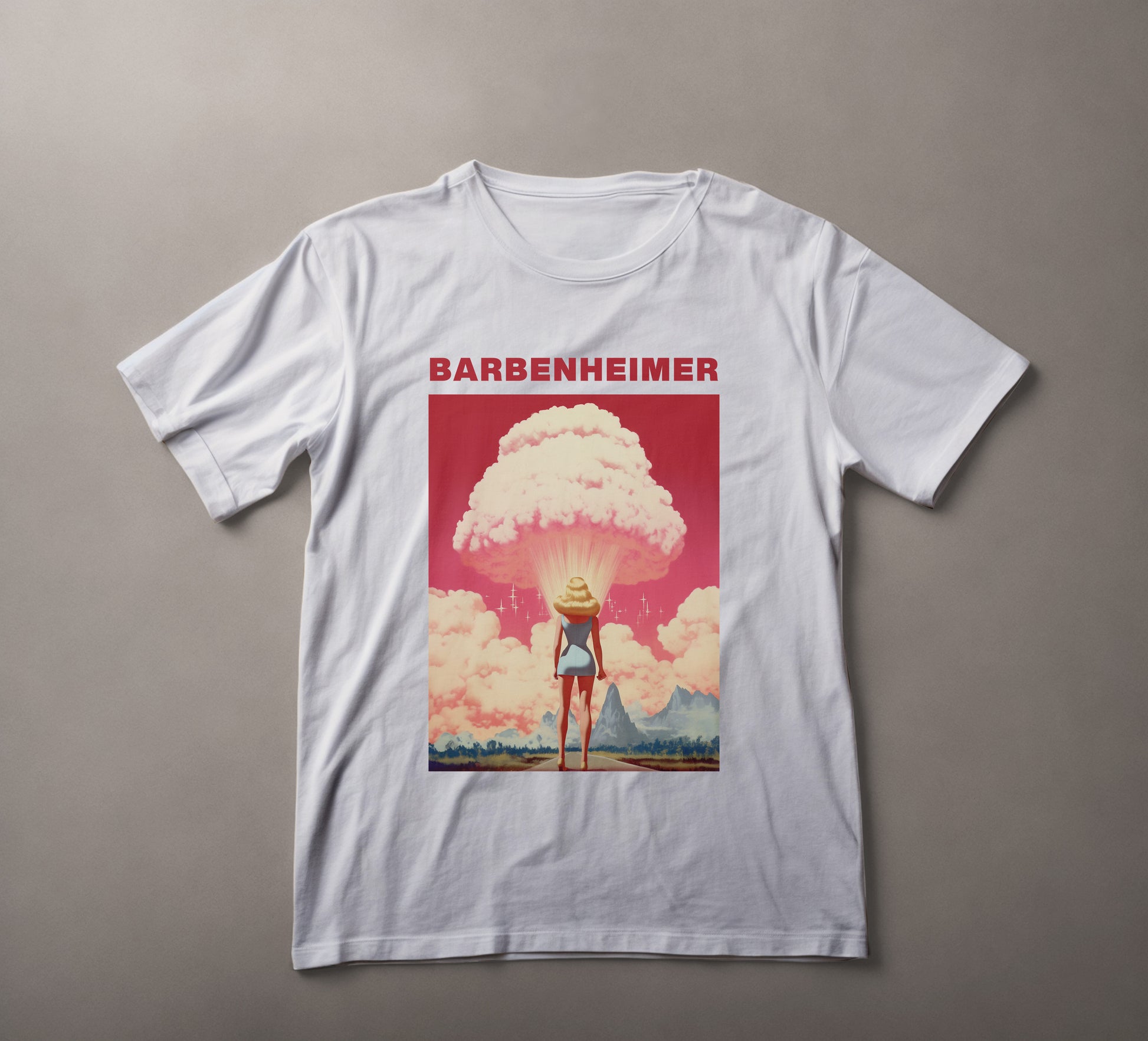 barbenheimer, barbie, oppenheimer, vintage t-shirt, retro sunset shirt, adventure graphic tee, nuclear explosion design, indie fashion, conversation starter t-shirt, bold statement tee, cheeky humor clothing, edgy apparel, unique print shirts