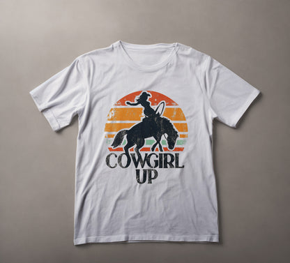 Cowgirl T-Shirt, Western Tee, Sunset Silhouette Shirt, Equestrian Clothing, Rodeo Apparel, Country Style, Cowgirl Up Tee, Western Fashion, Horseback Riding Shirt, Outdoor Western Wear