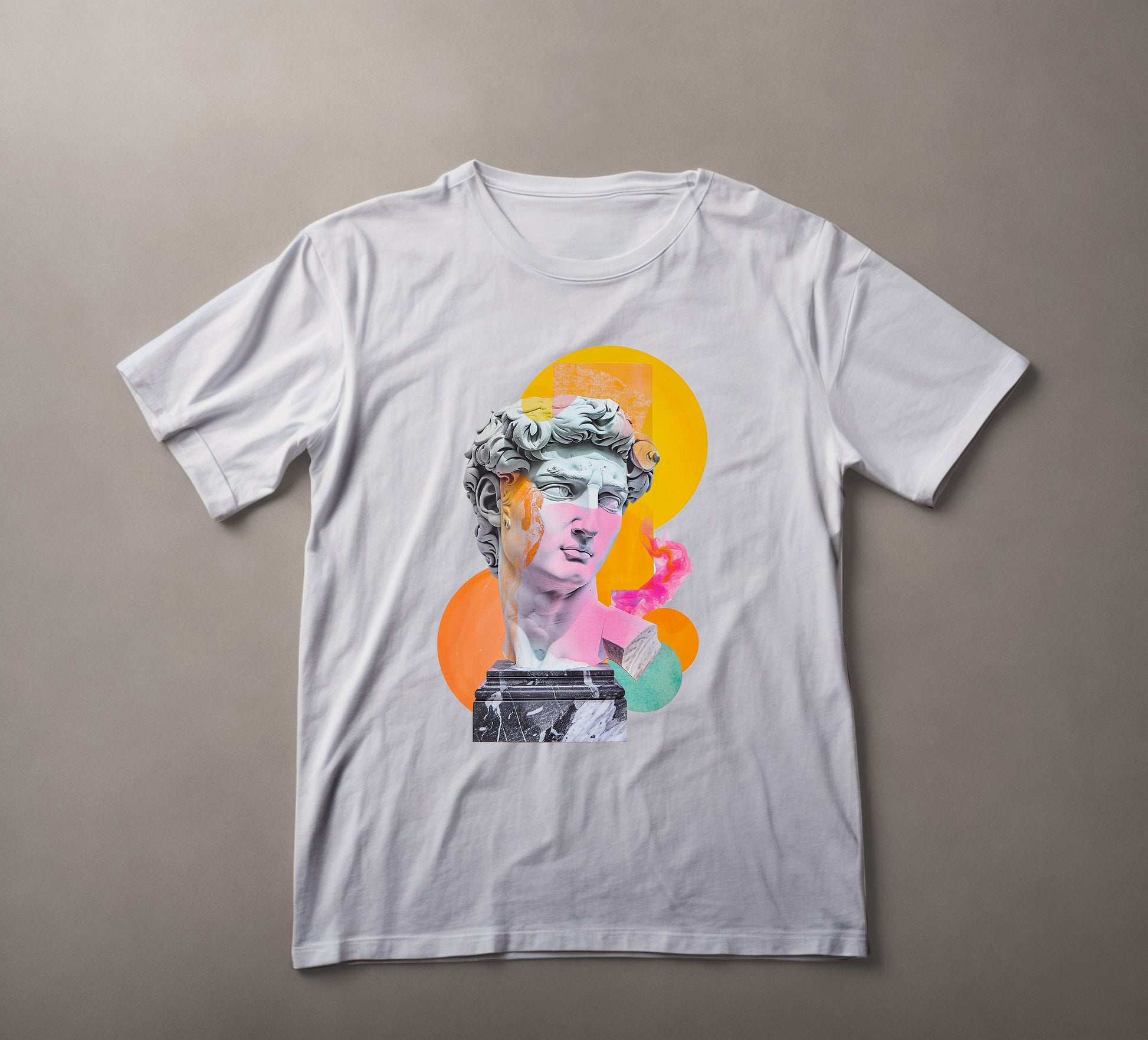 Classical bust with modern twist, abstract art tee, graffiti style, vibrant splashes, creative streetwear, pop culture blend, artistic fashion, contemporary design, urban chic, dynamic color palette