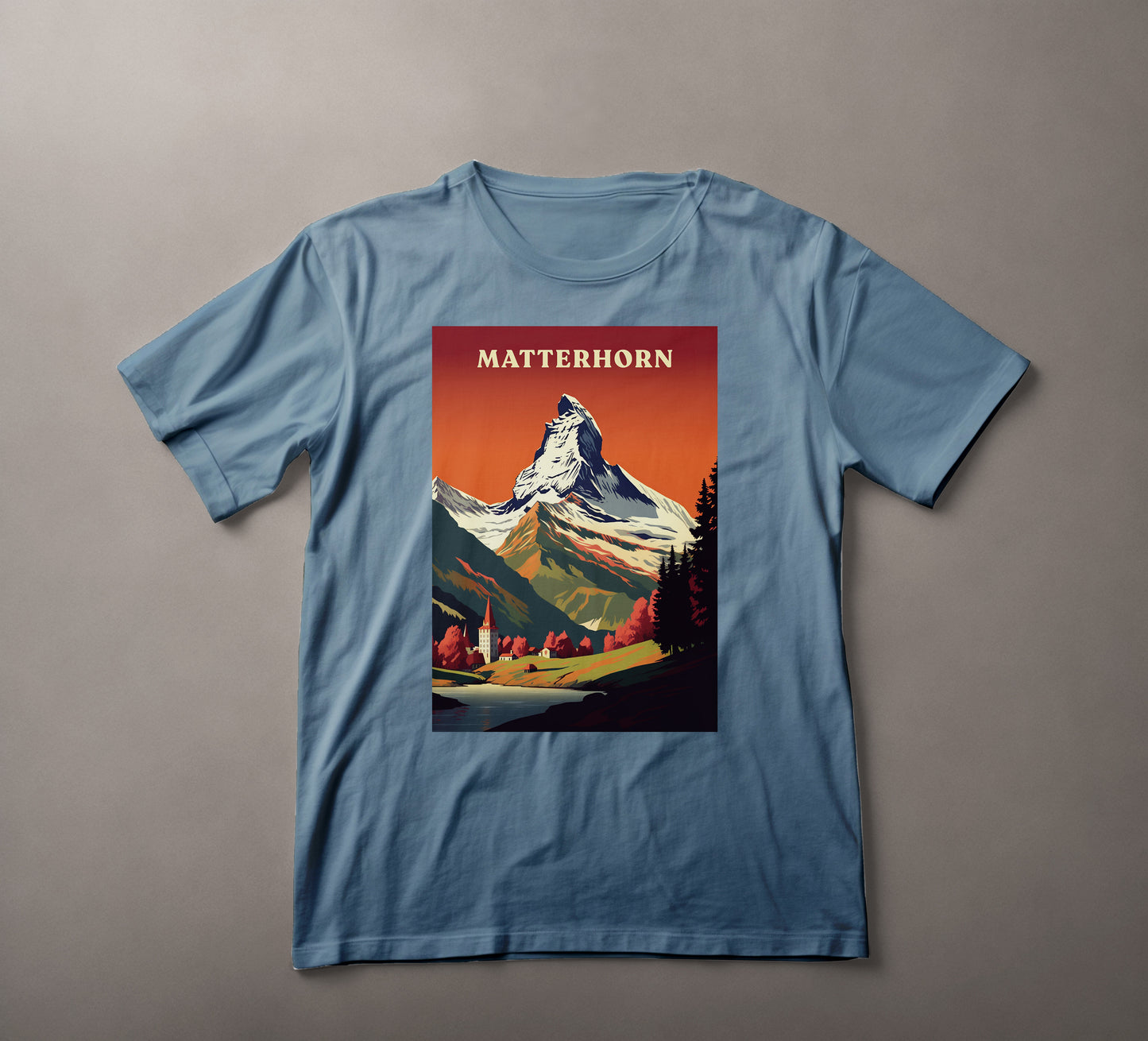 Matterhorn poster, Swiss mountain peak, vintage travel design, Alpine scenery, rustic village illustration, nature wall art, trekking theme, European landscape, adventure tourism, outdoor exploration