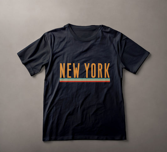 New York bold lettering, city tee design, retro stripes, urban fashion, classic typography, metropolitan apparel, travel theme, iconic destination shirt, stylish casual wear, graphic typography
