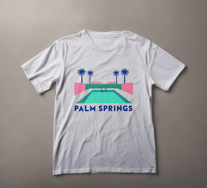 Palm Springs t-shirt, retro pool design, summer vibes clothing, palm tree graphic, resort wear, vacation tee, minimalist design shirt, pastel color top, leisure fashion, desert oasis apparel