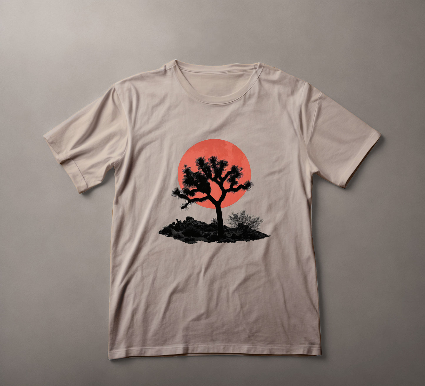 Desert silhouette, Joshua Tree, sunset backdrop, nature graphic tee, outdoor adventure, travel design, minimalist tree illustration, warm tones, hiking apparel, casual style