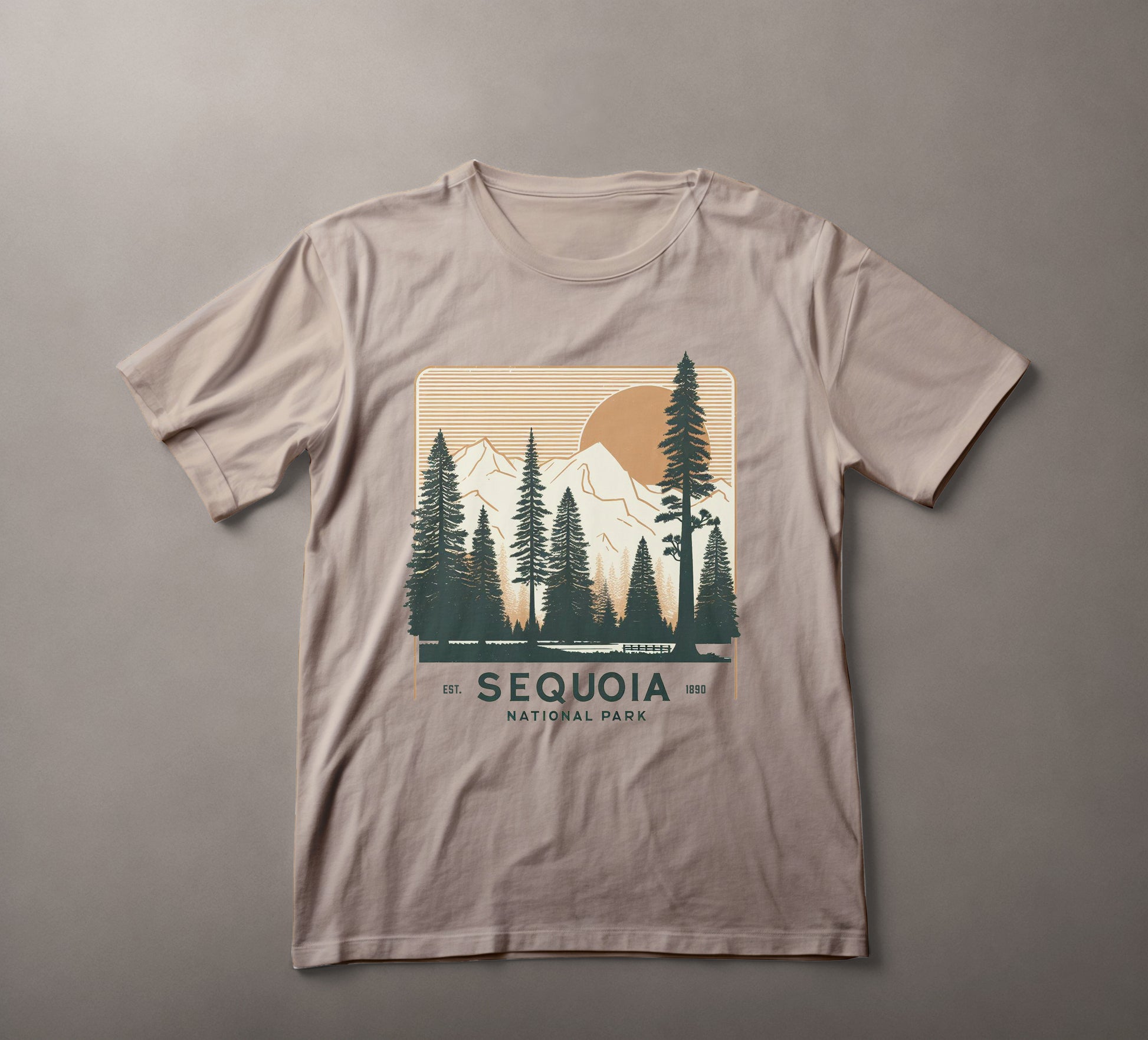 Sequoia National Park, retro poster style, tall evergreen trees, mountain scenery, nature tee, vintage travel design, wilderness graphic, outdoor adventure, sunset backdrop, hiking apparel