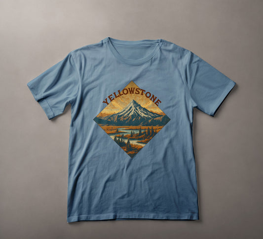 Yellowstone National Park, vintage diamond-shaped design, mountain graphic tee, wilderness illustration, rustic travel print, outdoor adventure, nature-inspired, iconic park scenery, geothermal features, American West