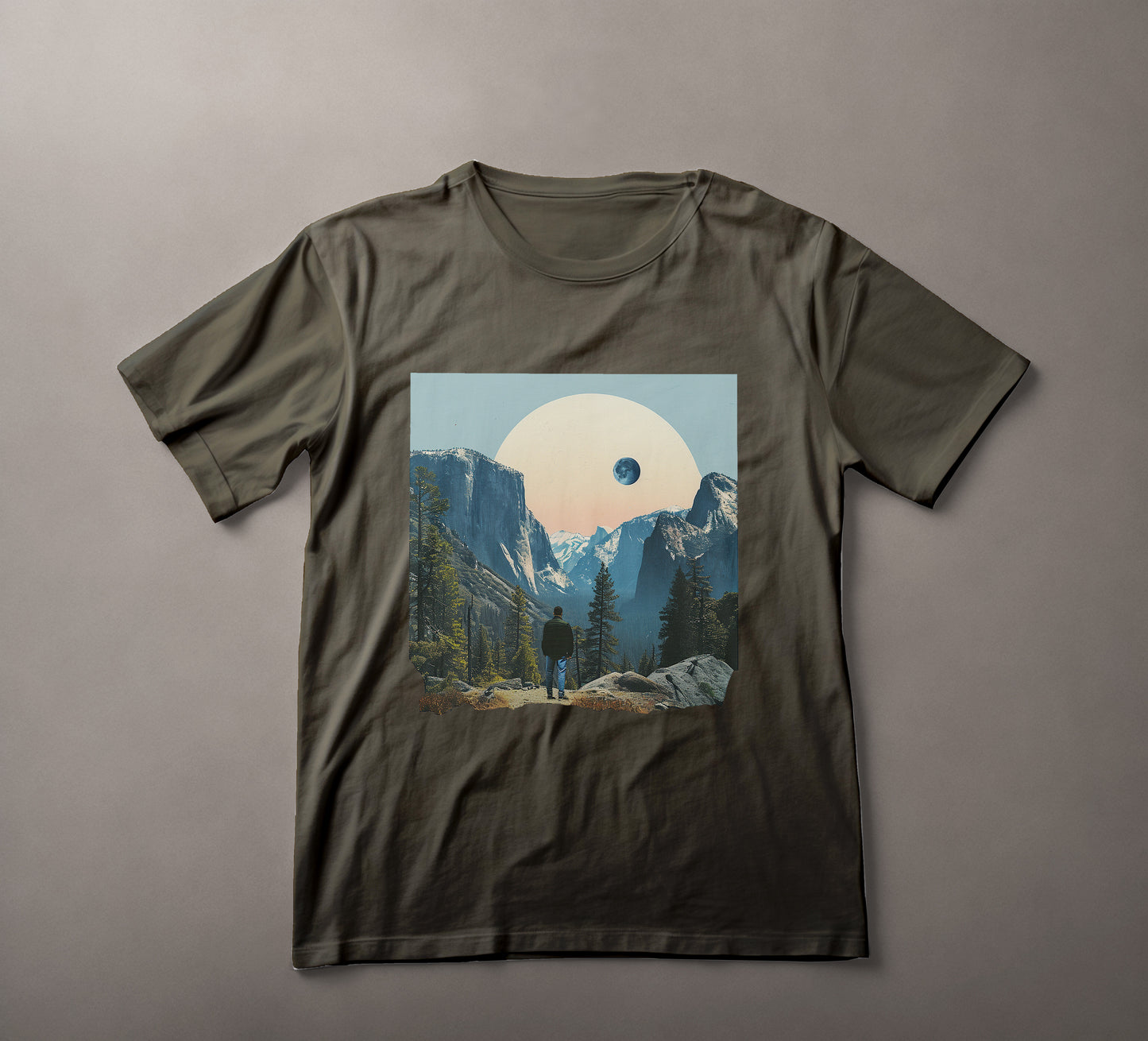Hiker facing mountains, Yosemite National Park, solar eclipse, nature exploration, outdoor adventure tee, wilderness graphic, travel and hiking, scenic landscape, surreal nature art, environmental appreciation